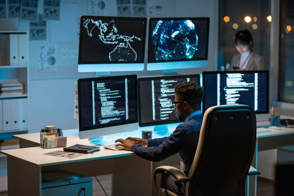 Young contemporary cyber security manager typing in front of computer